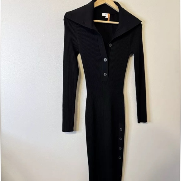 REISS MADDISON RIBBED KNITTED MIDI DRESS black button collar xl extra large NWOT - Picture 7 of 8